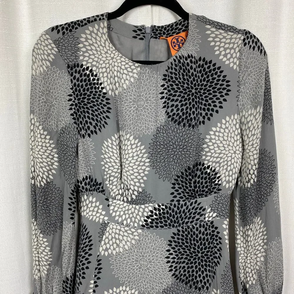 Tory Burch Gray&Black Pattern Silk Long Sleeve Dress Sz.6